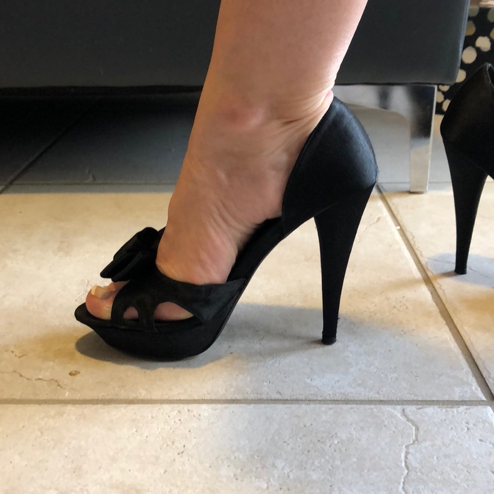 Black satin open toe high heels
